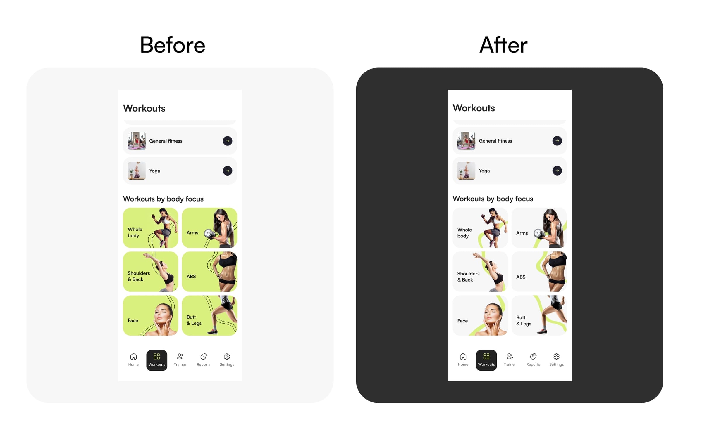 Issue 2 before and after: category card hierarchy