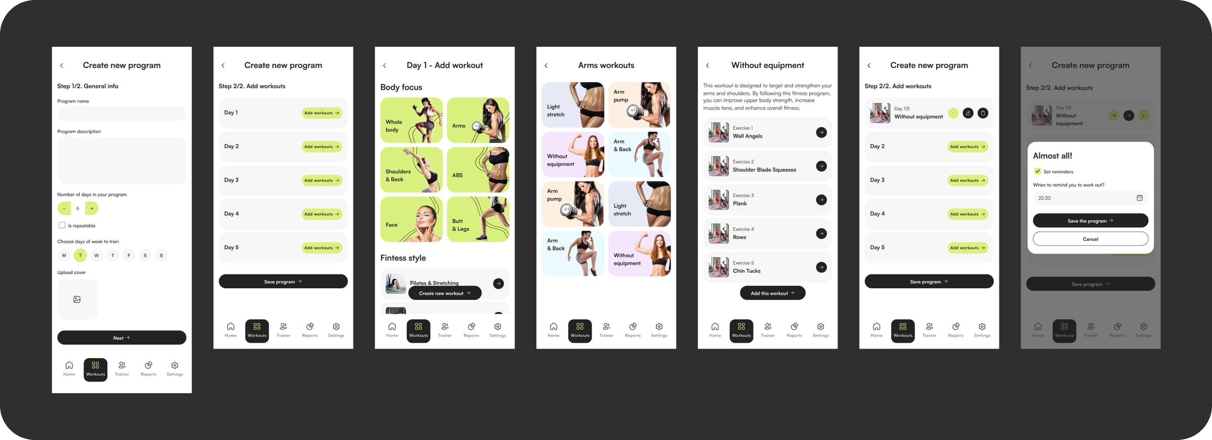 Program creation: building a custom workout plan with exercises, duration, and weekly schedule