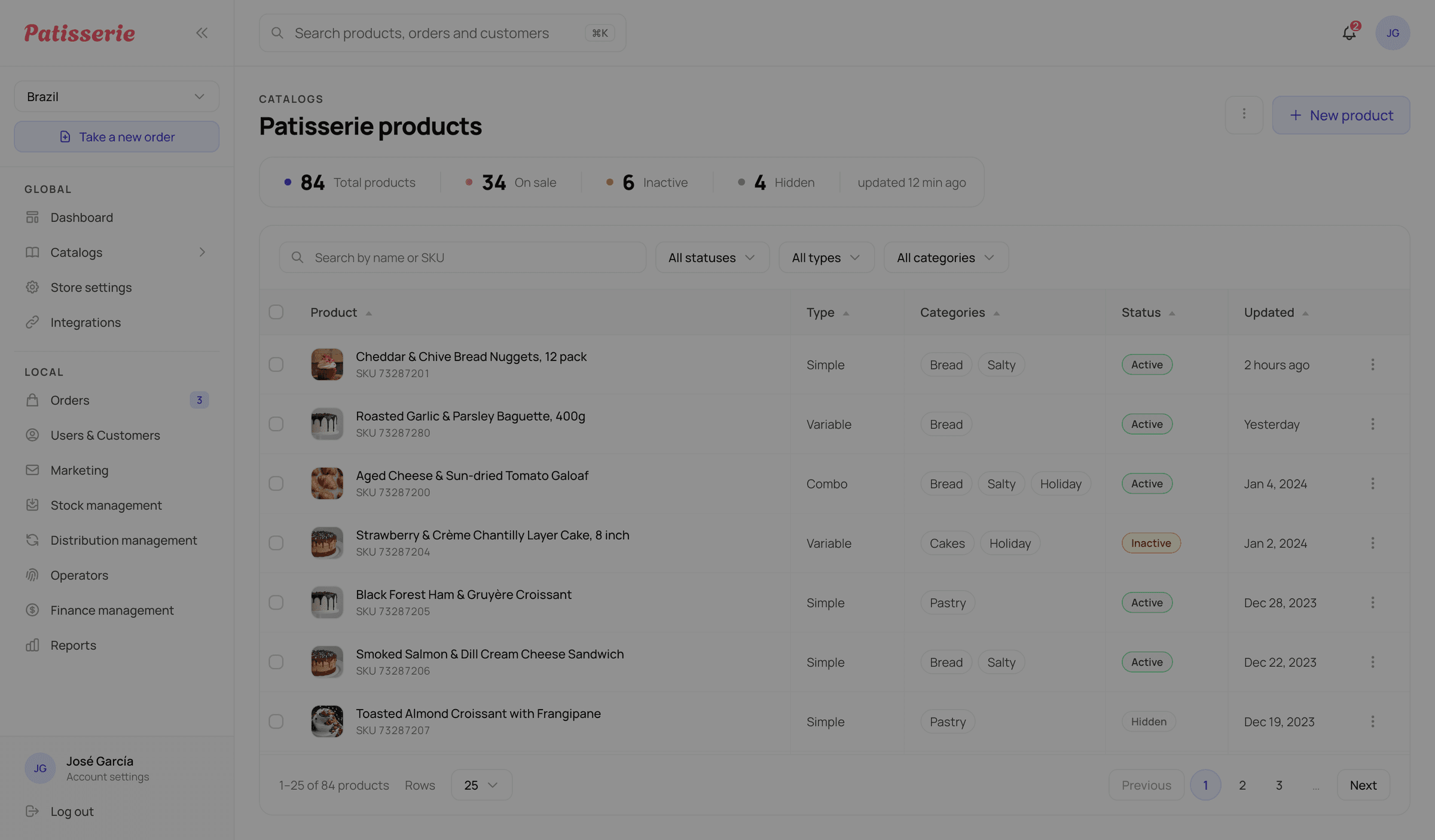 Product catalog, dimmed behind the open create-product modal