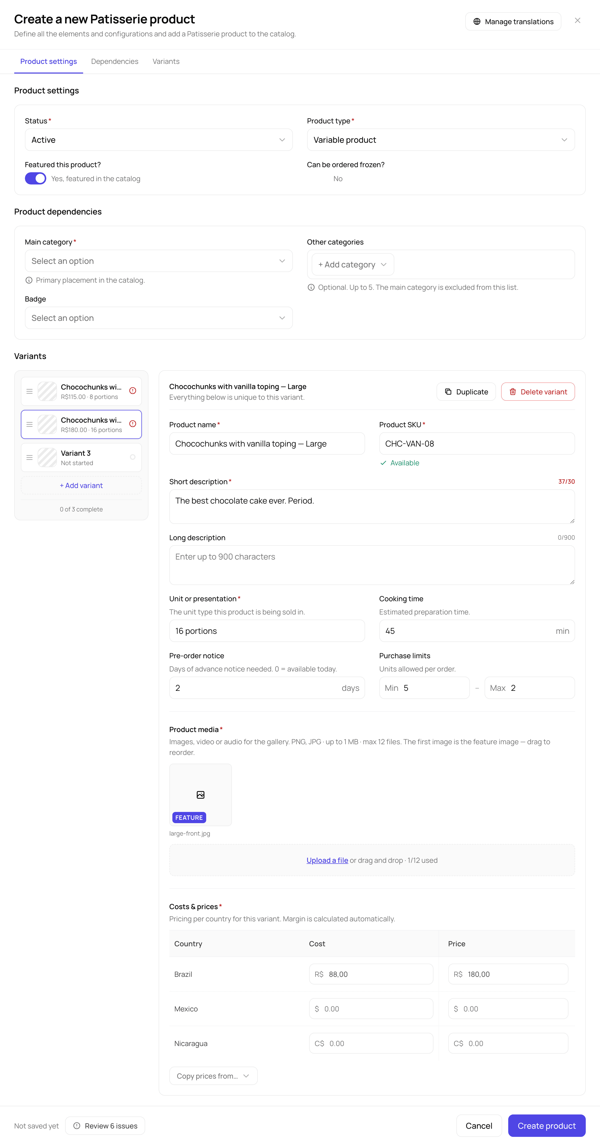 Create a new Patisserie product — the form restructured for a Variable product