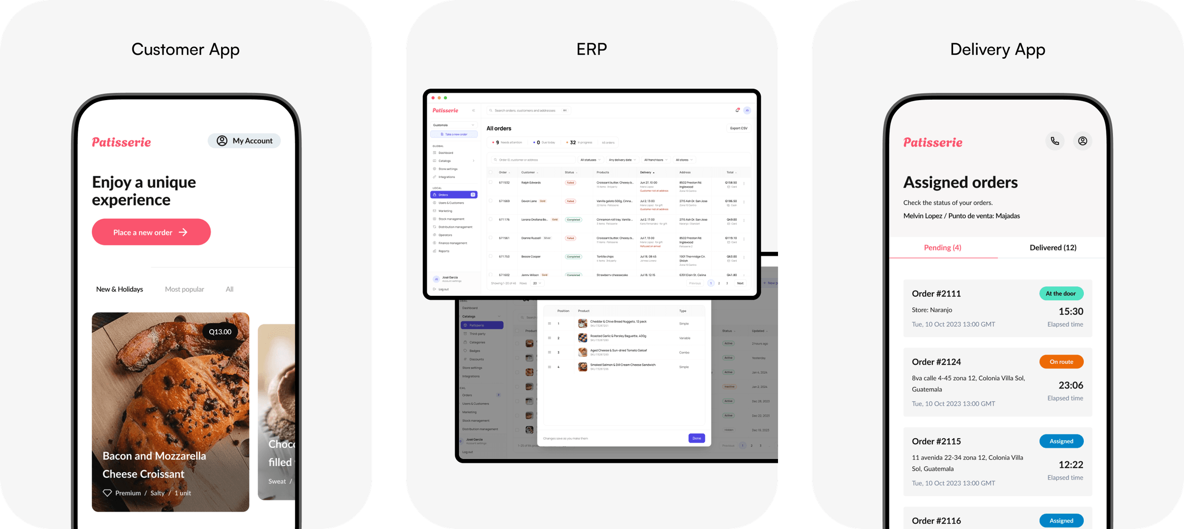 Three interconnected products: ERP, customer app, delivery app
