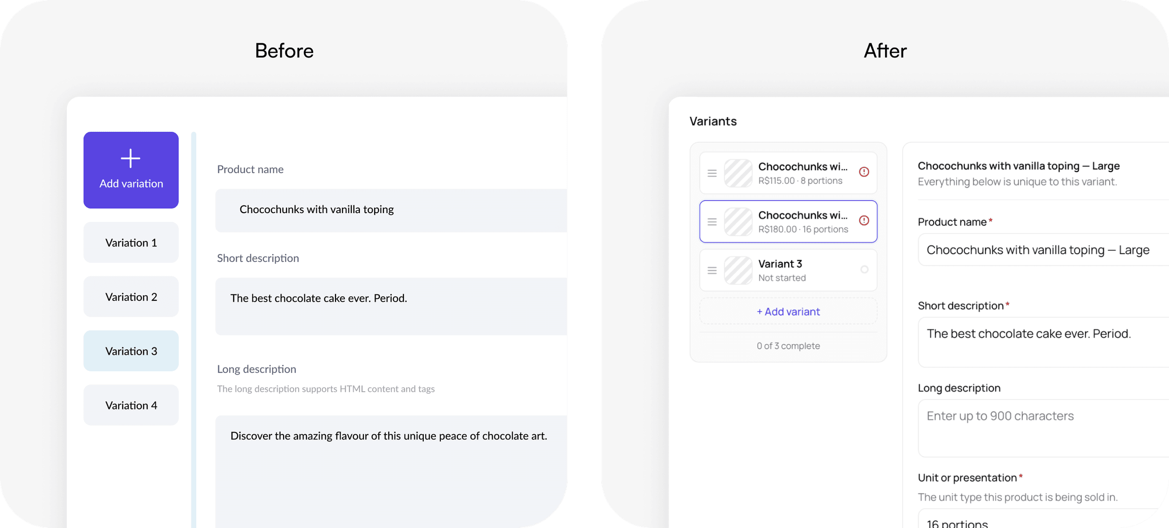 Product form before and after — a flat variation list versus the staged variant flow