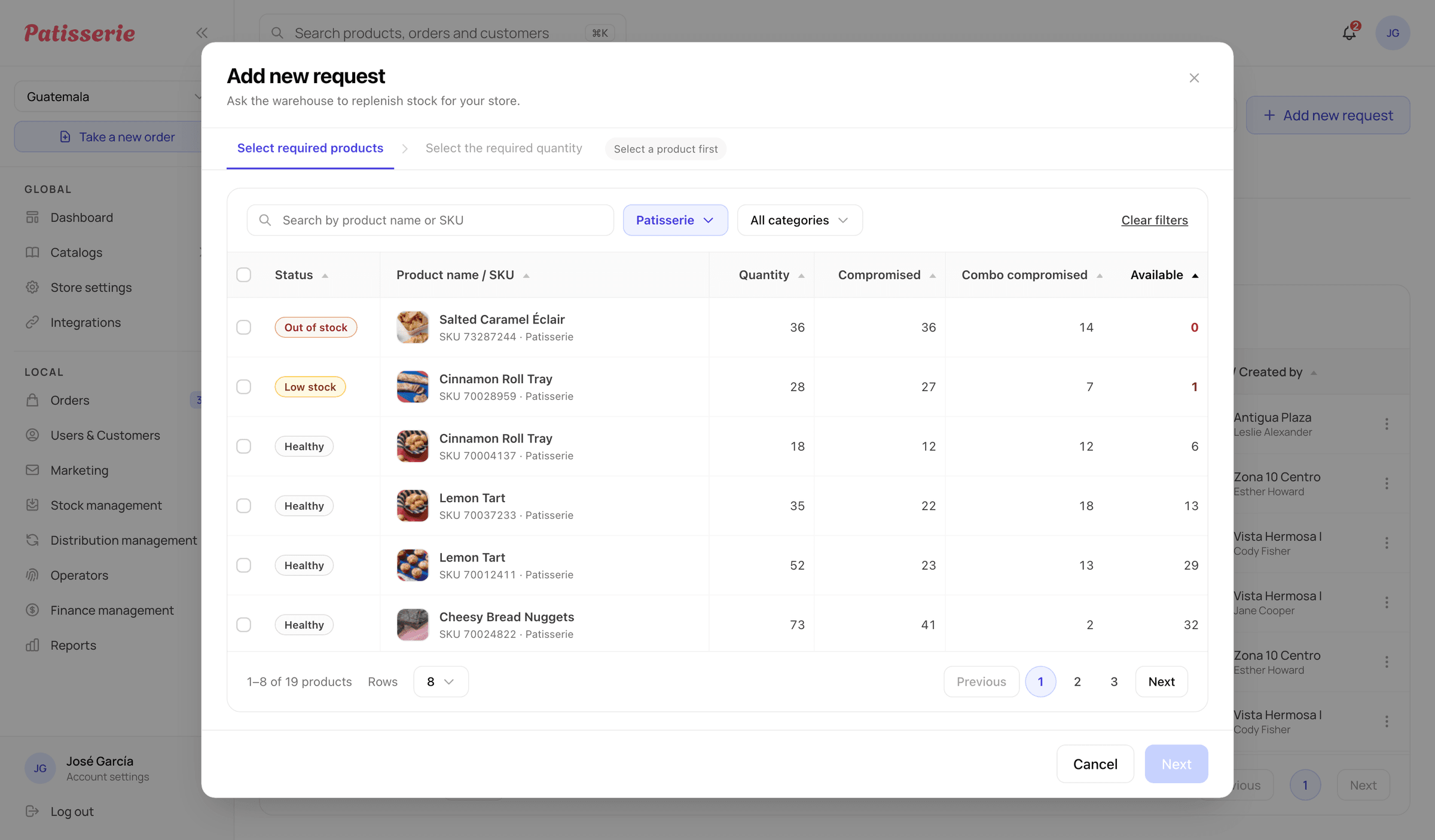 Add new request, open over the stock list — each product shows its current stock before any quantity is set