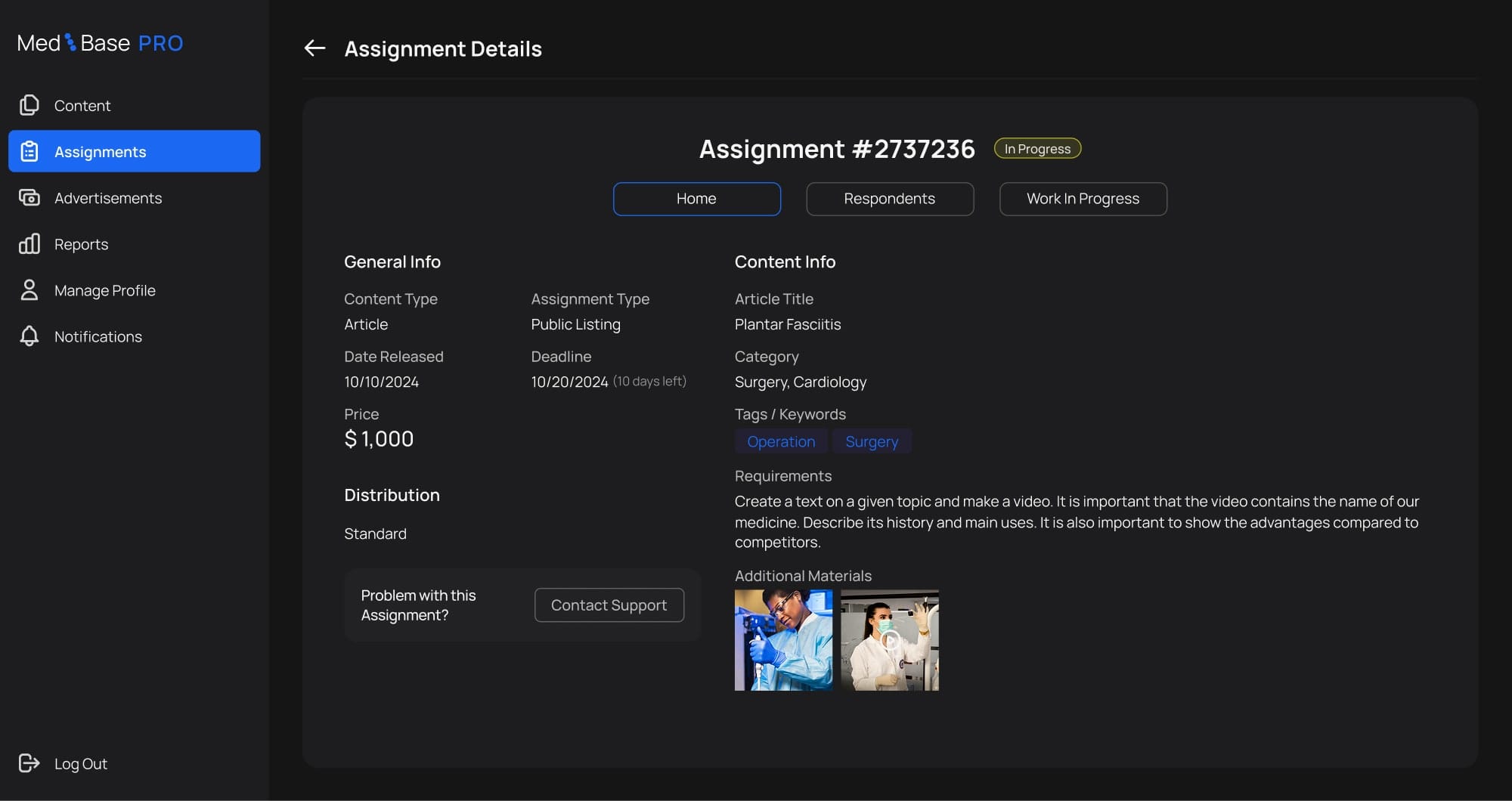 Assignment detail with general info and content info side by side