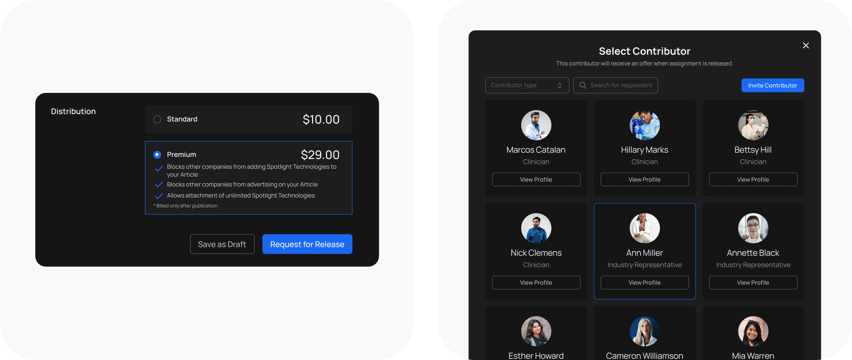 Select Contributor modal for choosing who receives the assignment offer