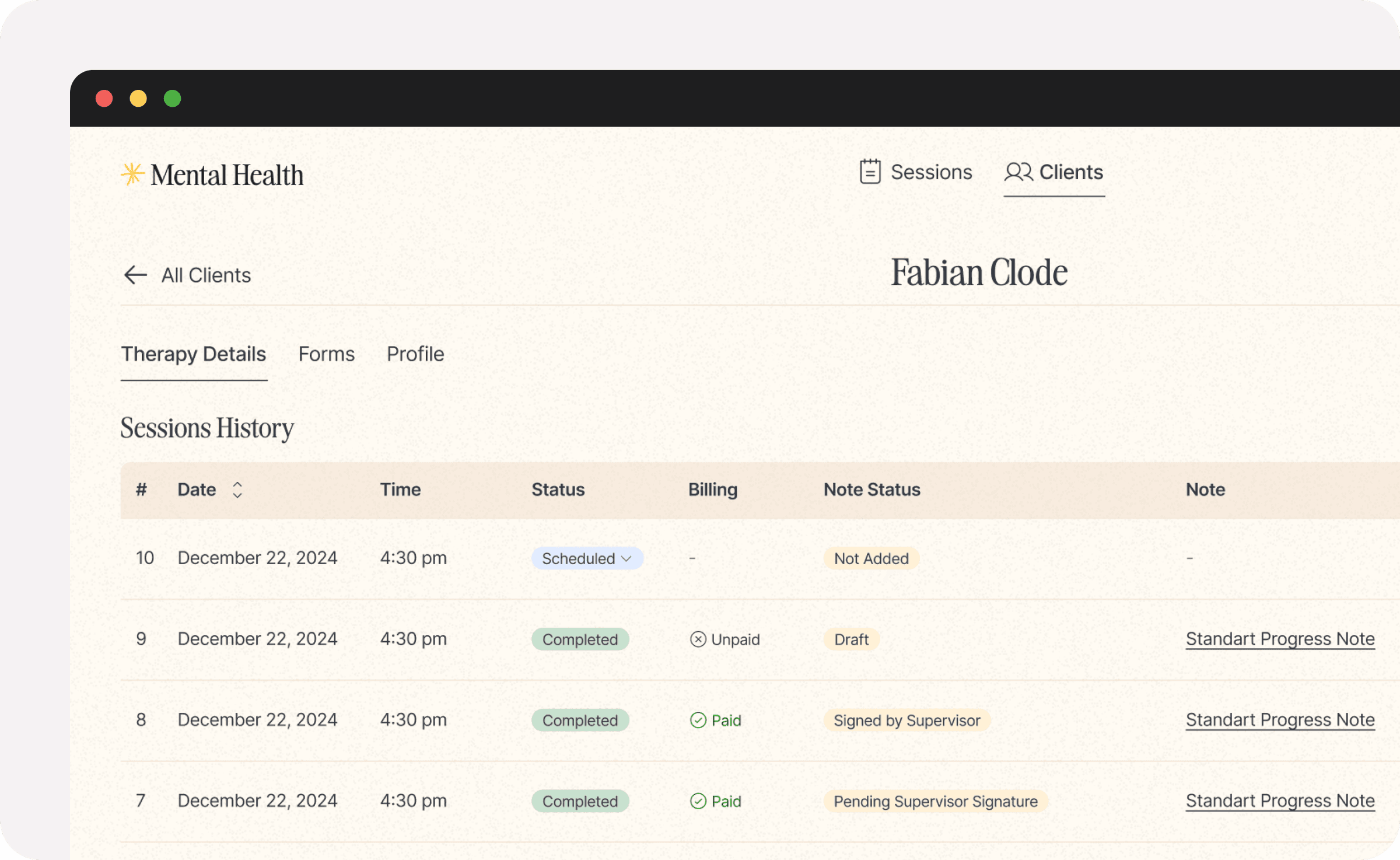 Centralized client overview: contact details, diagnosis, session history, pending forms