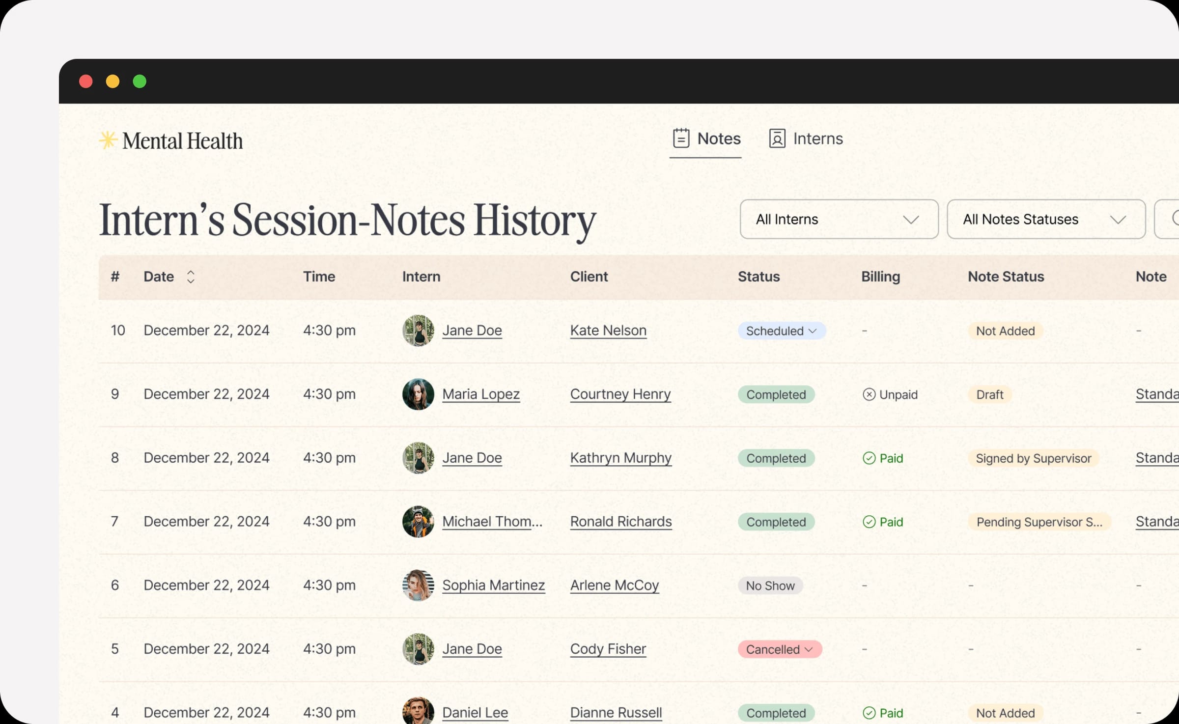 Supervisor view: session-notes history with signing status per intern