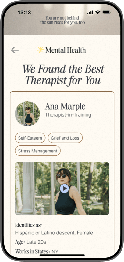 Step 5: the matched therapist, Ana Marple, with specialisms and an intro video