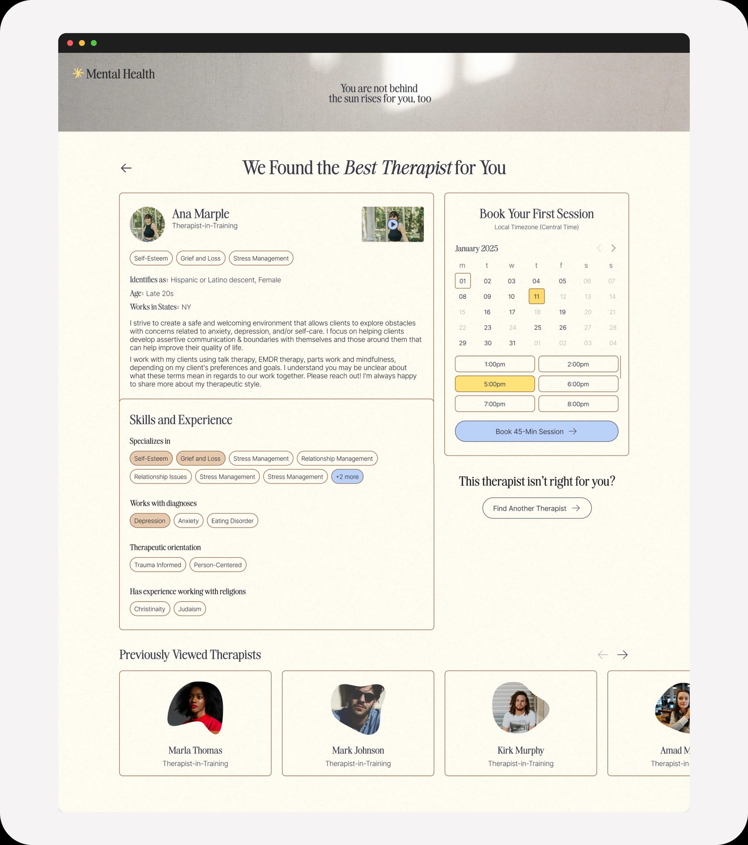 Matched therapist profile page with experience and approach