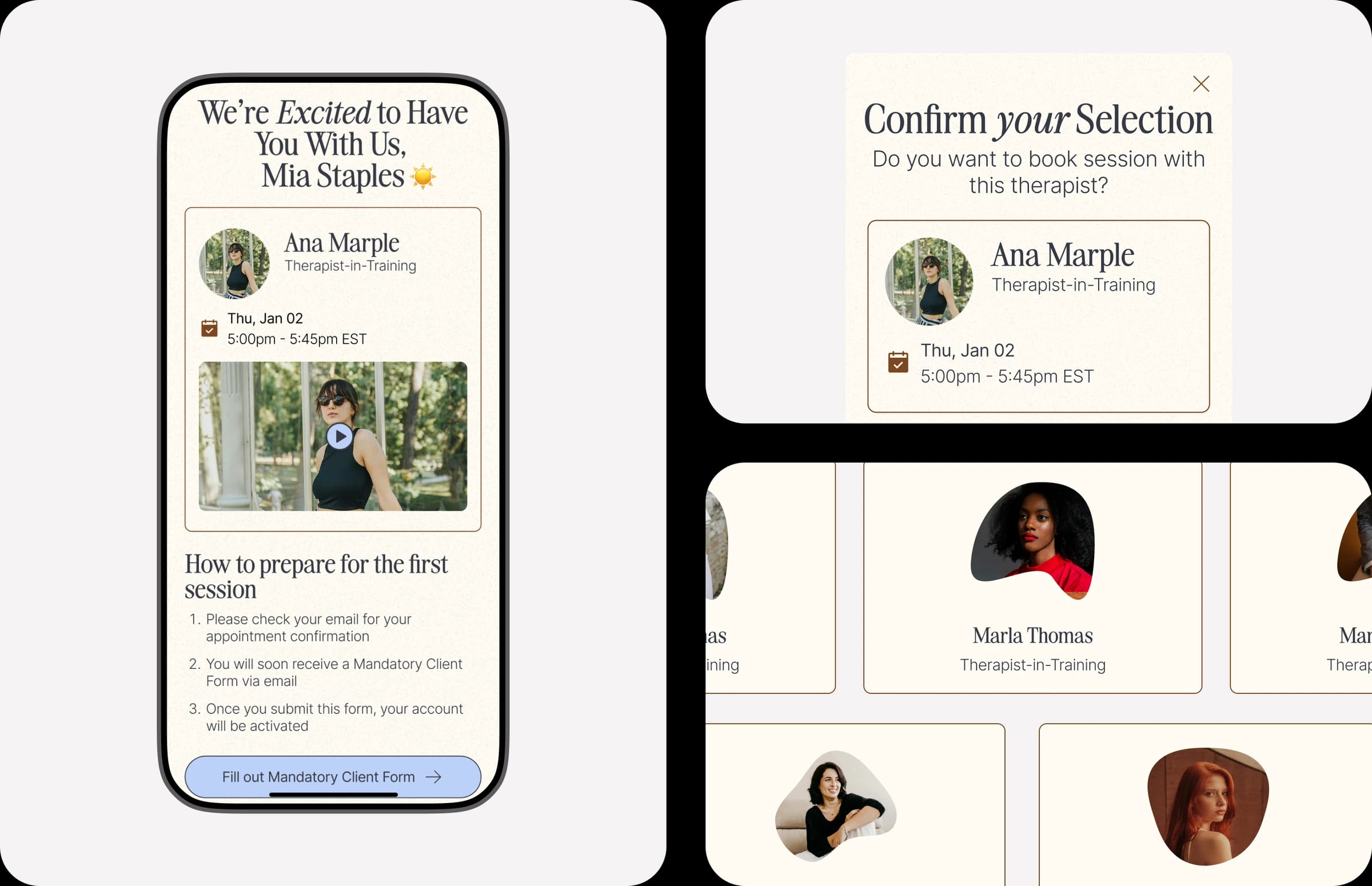 Booking confirmation with next steps, alongside the selection-confirm modal