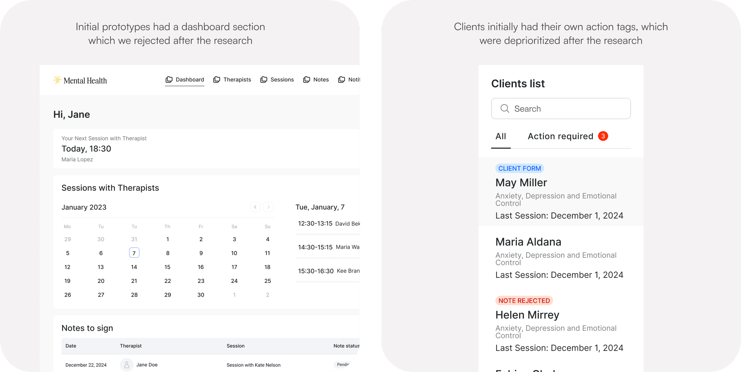 Prototype concepts rejected after research: the dashboard section and per-client action tags